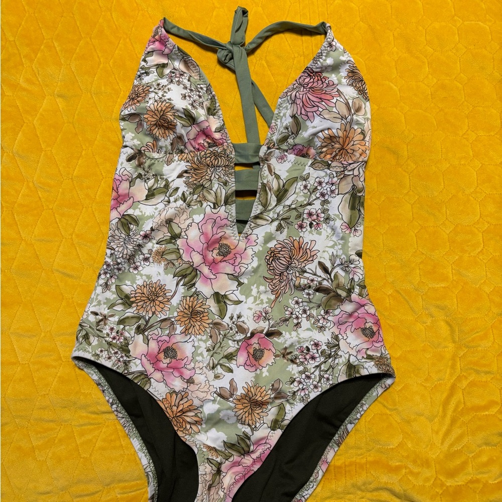 Mossimo Supply Co. Pink Olive White Floral Halter One-Piece #7